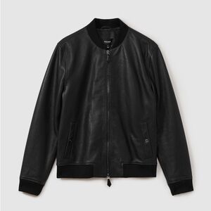 Reiss Black Bomber Pebbled Leather Jacket
